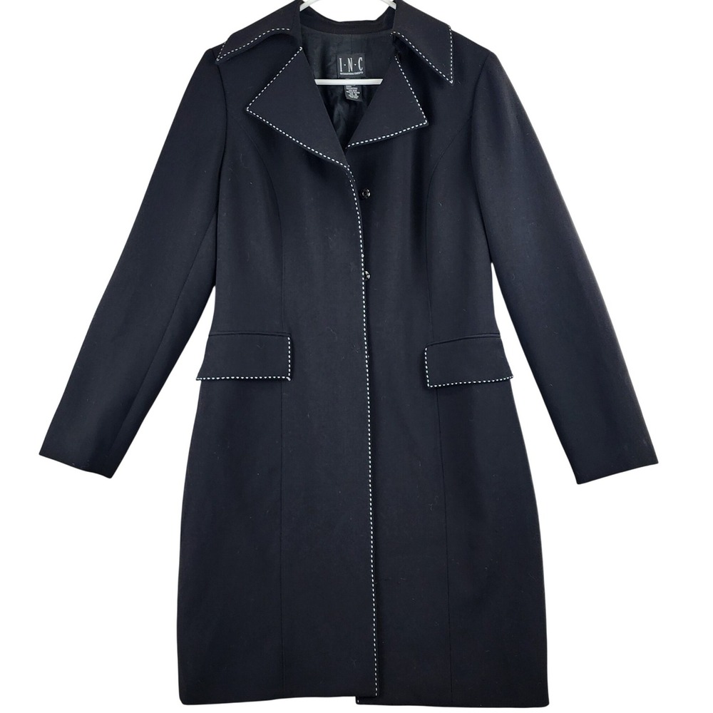 INC International Concepts Longline‎ Trench Coat Womens 8 Black White Stitching